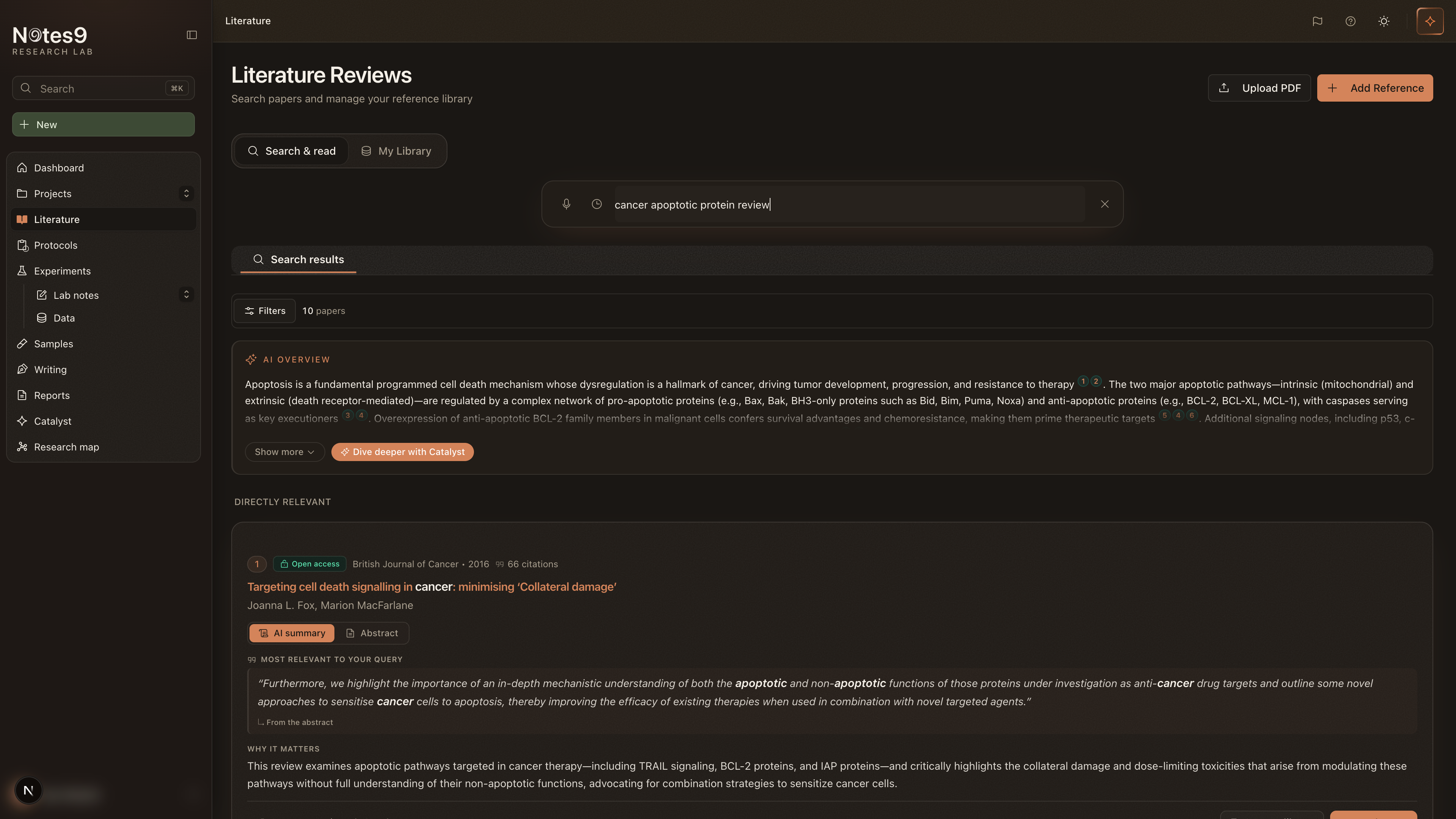 Notes9 literature search with an AI overview above cited results